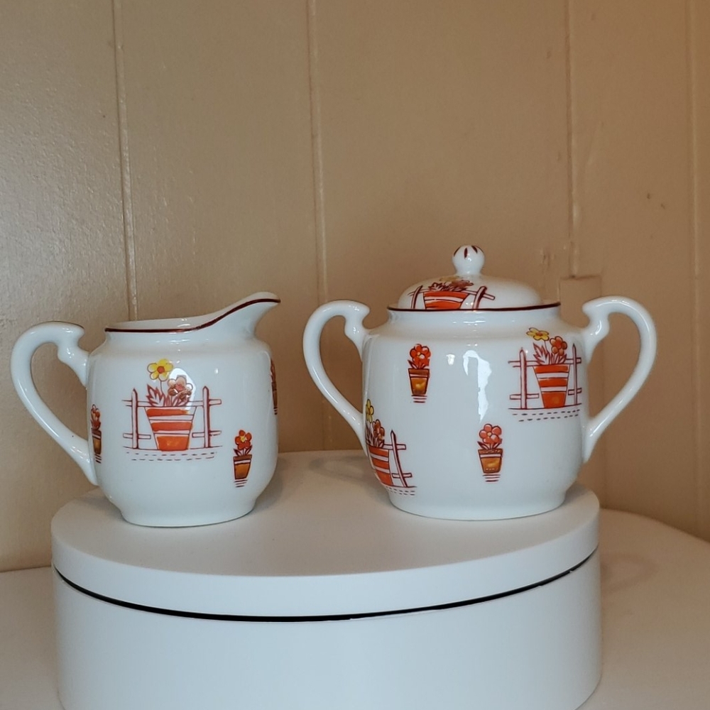 Handpainted Country Cottage Sugar  & Creamer Set